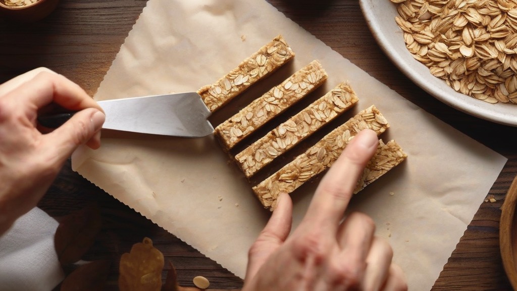 Процесс нарезки домашних злаковых батончиков на пергаментной бумаге.