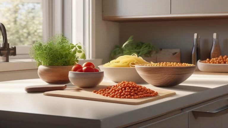 Кухонный стол с набором простых продуктов: макароны, овощи и специи для приготовления быстрого ужина.