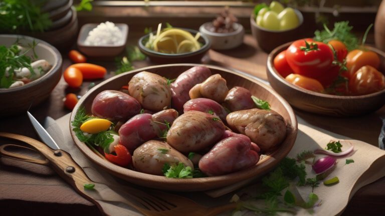 Аппетитное блюдо из куриной печени и сердечек на деревянном столе