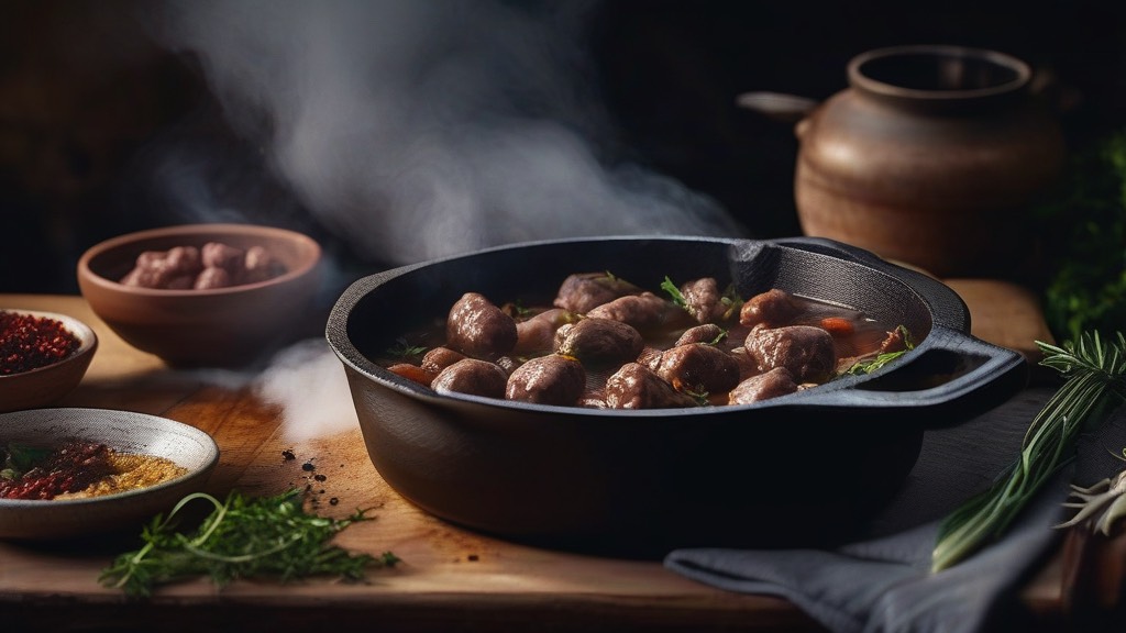 Аппетитное рагу из куриных сердечек в чугунной сковороде.