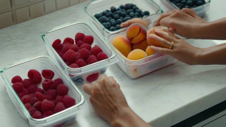 Свежие ягоды и фрукты на кухонном столе, подготовленные к заморозке