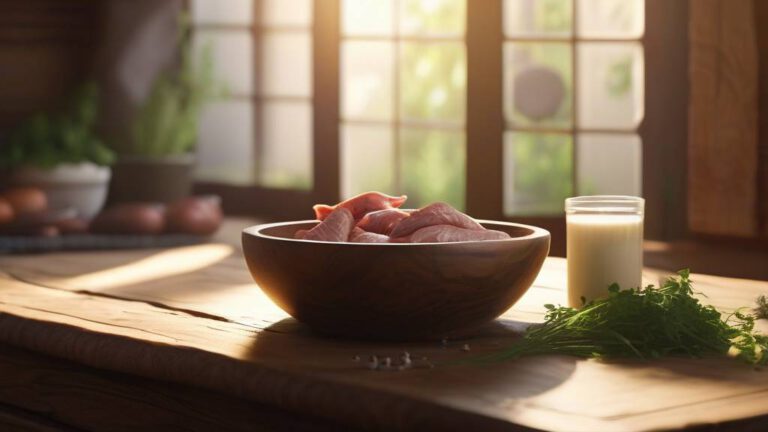 Свежая куриная печень в миске на деревянном столе с травами и чесноком
