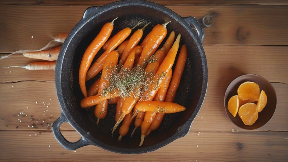Кусочки карамелизованной моркови на сковороде с зеленью.