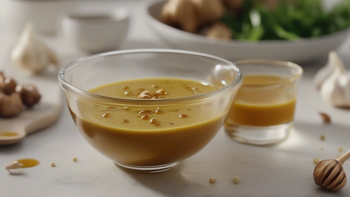 Процесс приготовления маринада из соевого соуса, горчицы и меда для курицы.
