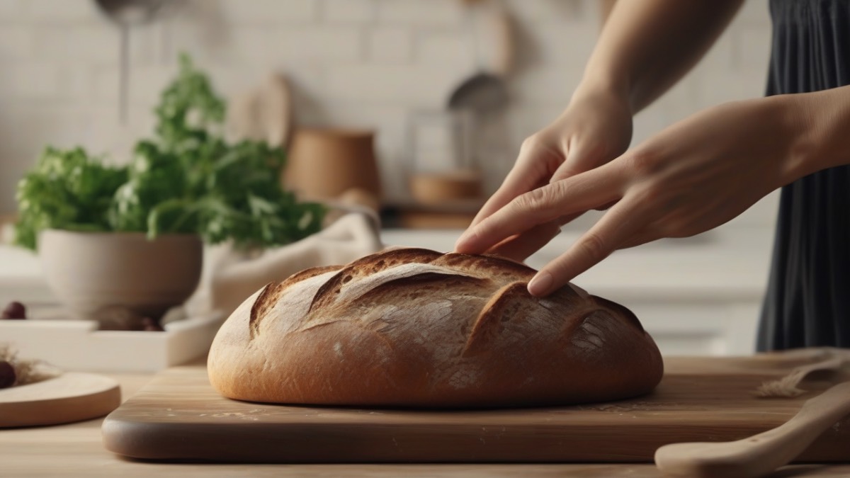 Домашний хлеб на деревянной доске рядом с чашкой кофе и овощами.