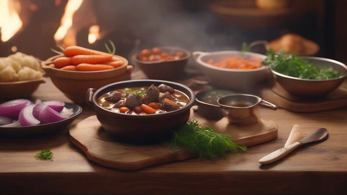 Глубокая тарелка с ароматным рагу из куриных сердечек, украшенная зеленью, на деревянном столе.