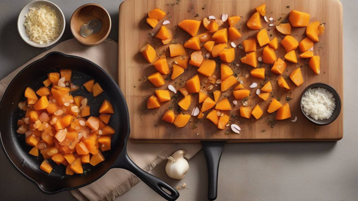 Ингредиенты для тыквенного крем-супа Нарезанная кубиками тыква, лук и чеснок для быстрого супа