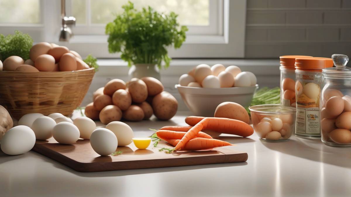 Набор доступных продуктов для приготовления бюджетного ужина: овощи, яйца и мясо.