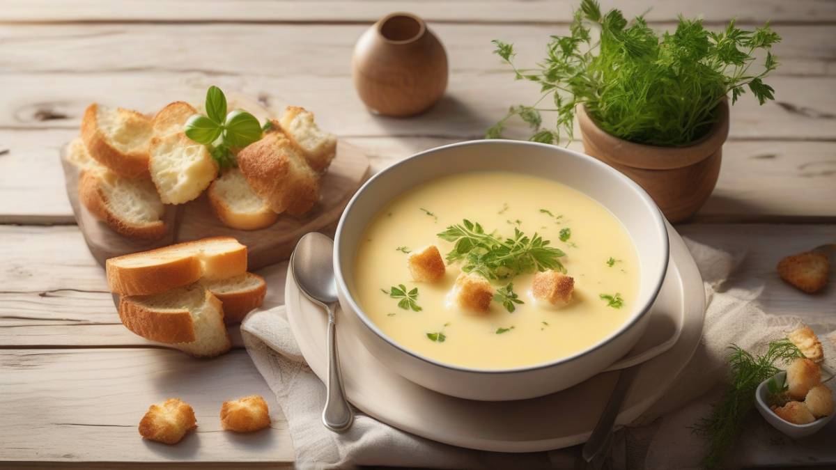 Тарелка ароматного сырного супа с золотистыми гренками и зеленью на деревянном столе