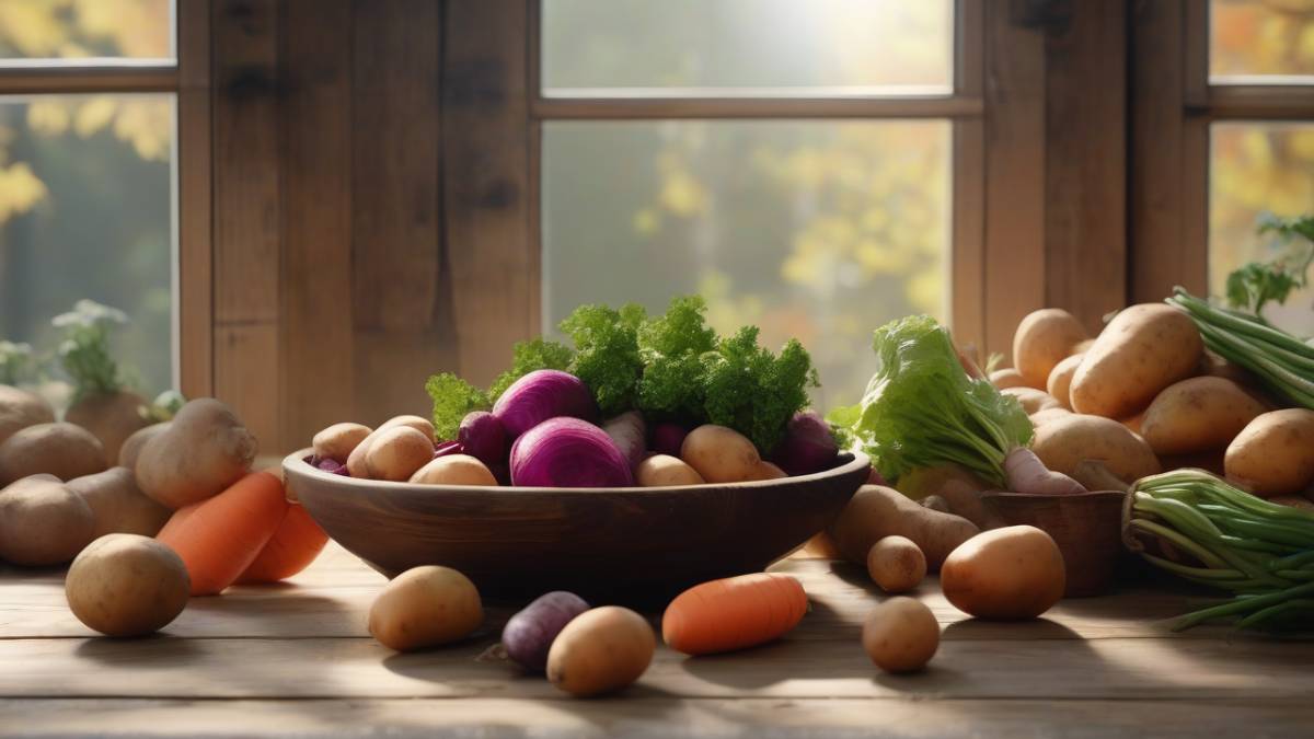 Свежие сезонные овощи: картофель, морковь и лук на деревянном столе как основа экономного меню.