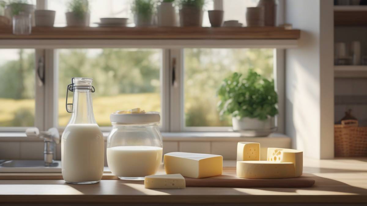 Свежие молочные продукты на кухонном столе как часть экономного меню.