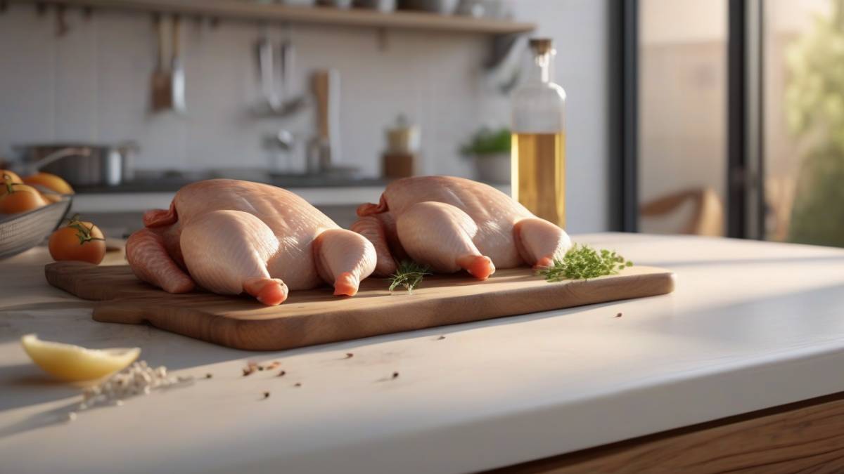 Свежее куриное филе и куриные голени на разделочной доске в домашней кухне