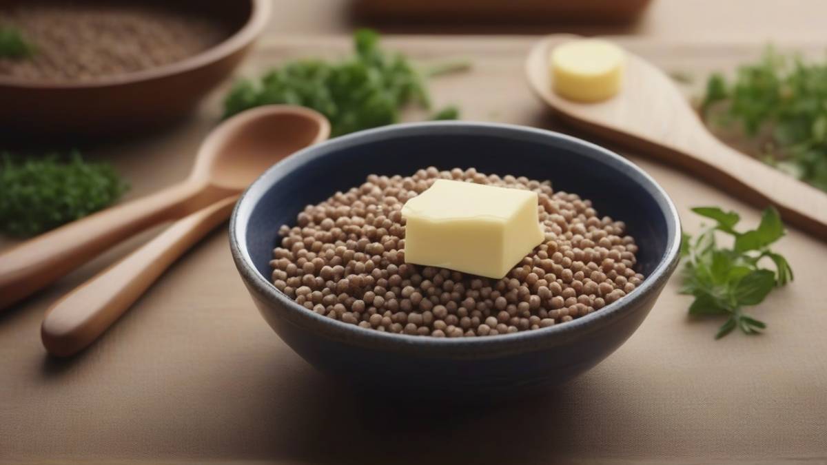 Порция готовой рассыпчатой гречневой каши с кусочком масла и зеленью в керамической тарелке.