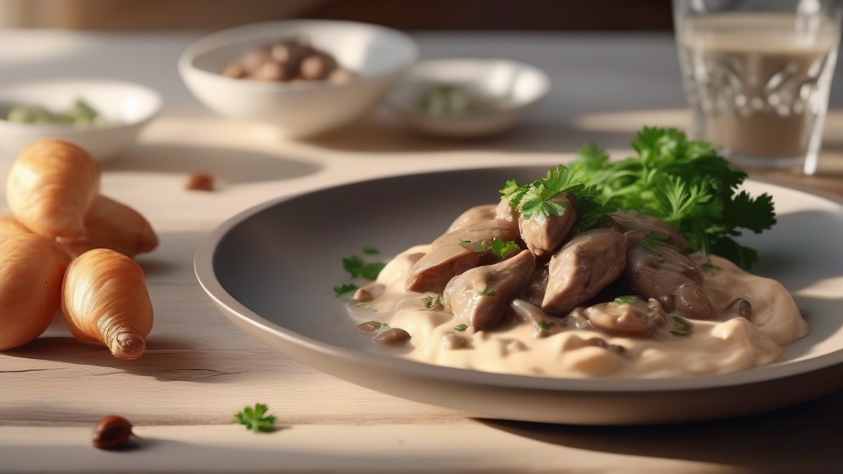 Аппетитная куриная печень в сметане с карамелизированным луком на тарелке