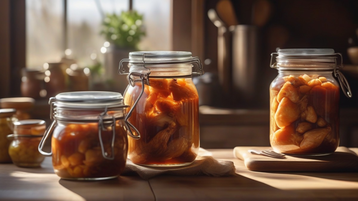 Стеклянные банки с готовой домашней тушенкой из курицы на кухонном столе