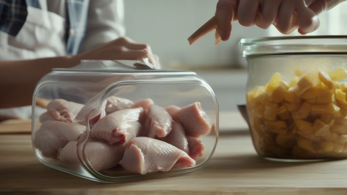Куриное мясо в стеклянных банках перед отправкой в духовку