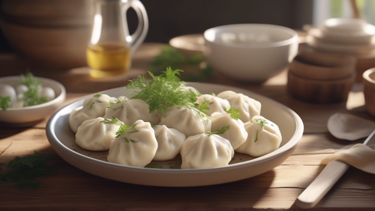 Тарелка с домашними ленивыми пельменями, посыпанными зеленью, на кухонном столе.