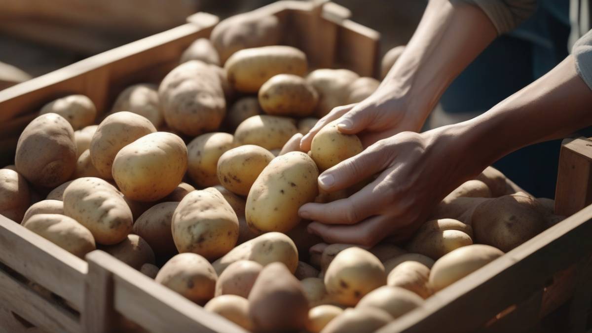 Человек выбирает качественный картофель на рынке