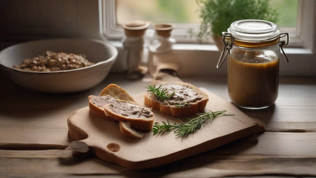 Домашний паштет из куриной печени в стеклянной банке с багетом и зеленью на деревянном столе.