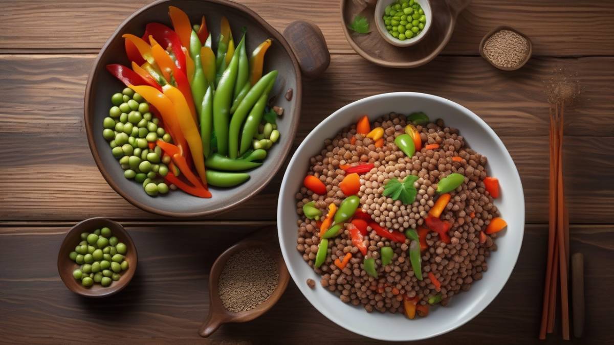 Тарелка с гречкой, приготовленной с овощами и соевым соусом, на деревянном столе.