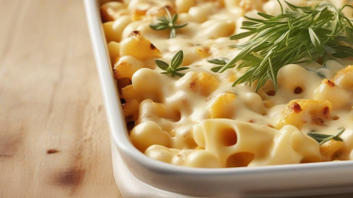 Крупный план аппетитной запеканки из макарон с зеленью и тягучим сыром.