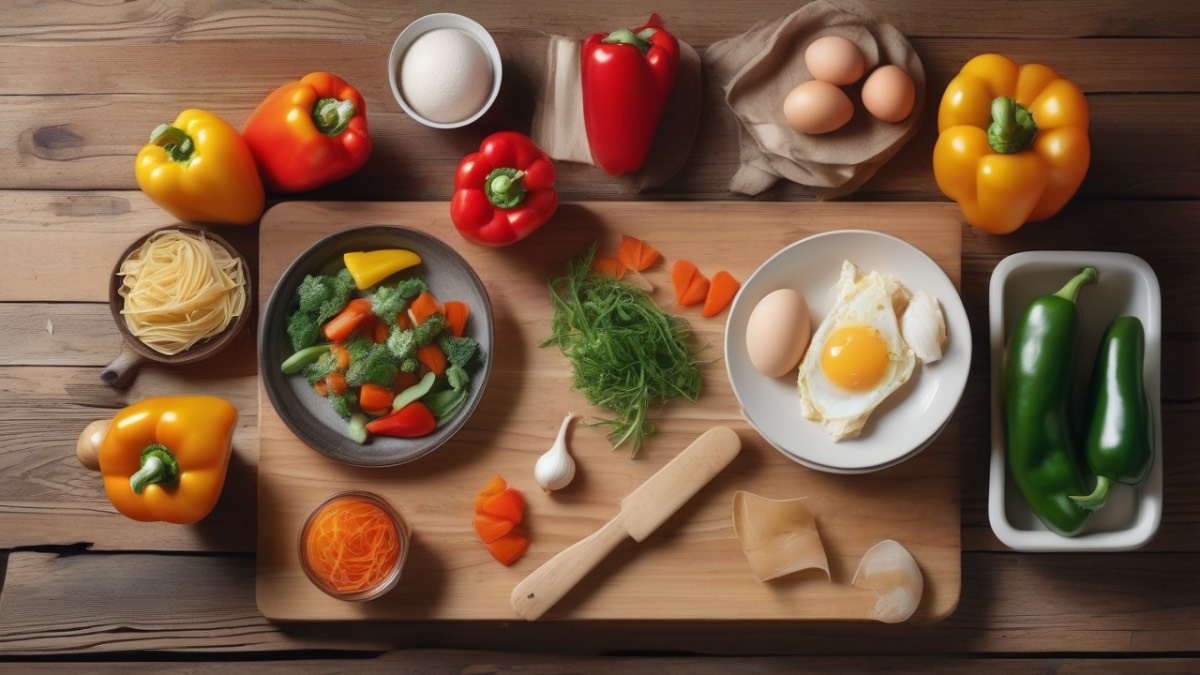 Свежие продукты для приготовления быстрых и бюджетных блюд на кухонном столе.