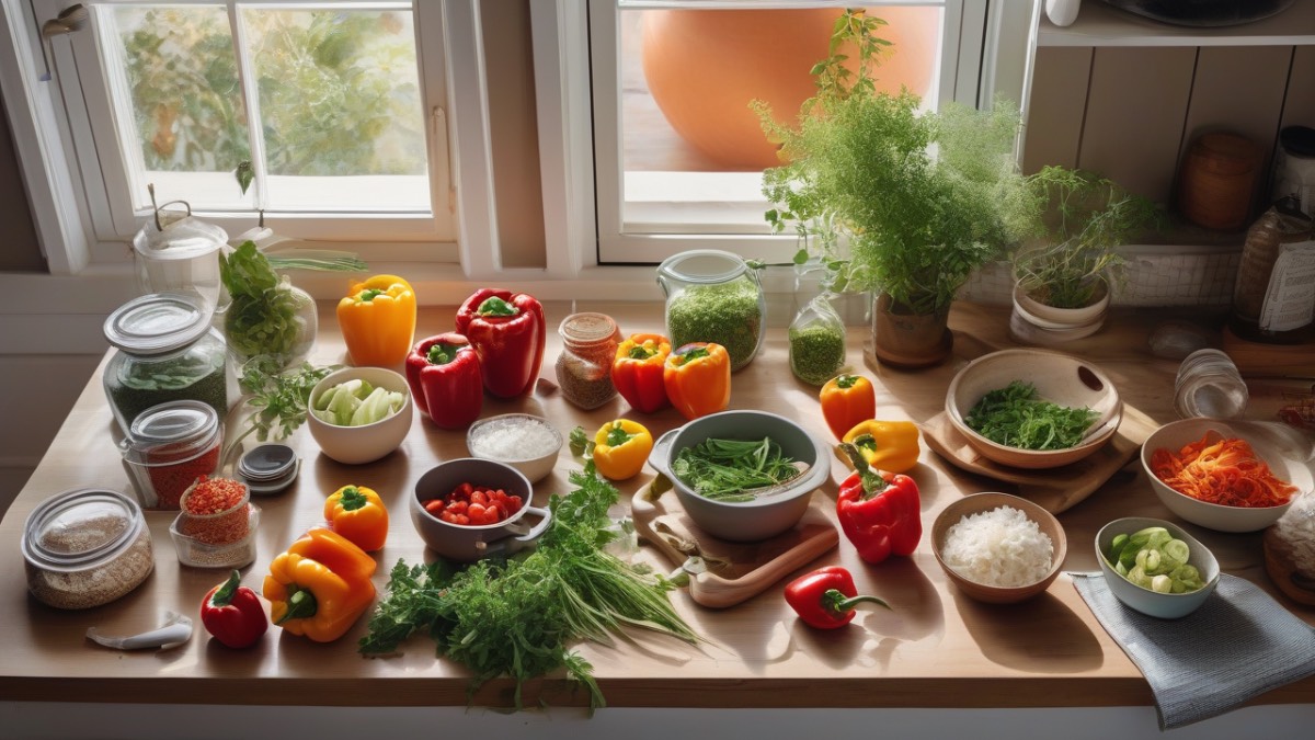 Кухонный стол с подготовленными продуктами для планирования меню на два дня в уютной домашней атмосфере.