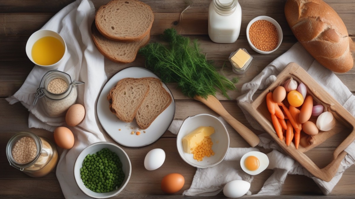 Набор свежих и доступных продуктов для приготовления бюджетного меню на день на деревянном столе.