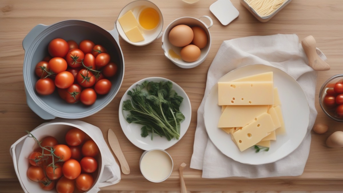 Набор базовых продуктов на кухонном столе для приготовления разнообразных блюд