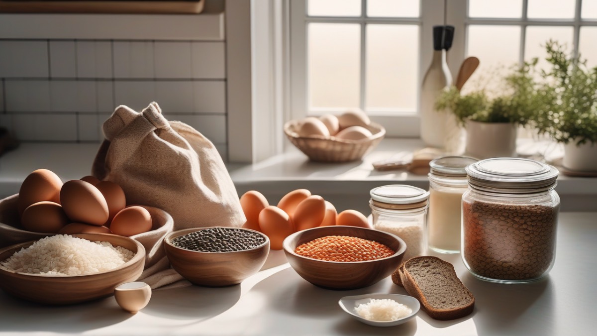 Кухонный стол с базовыми продуктами питания: крупы, яйца и овощи как основа экономного меню.