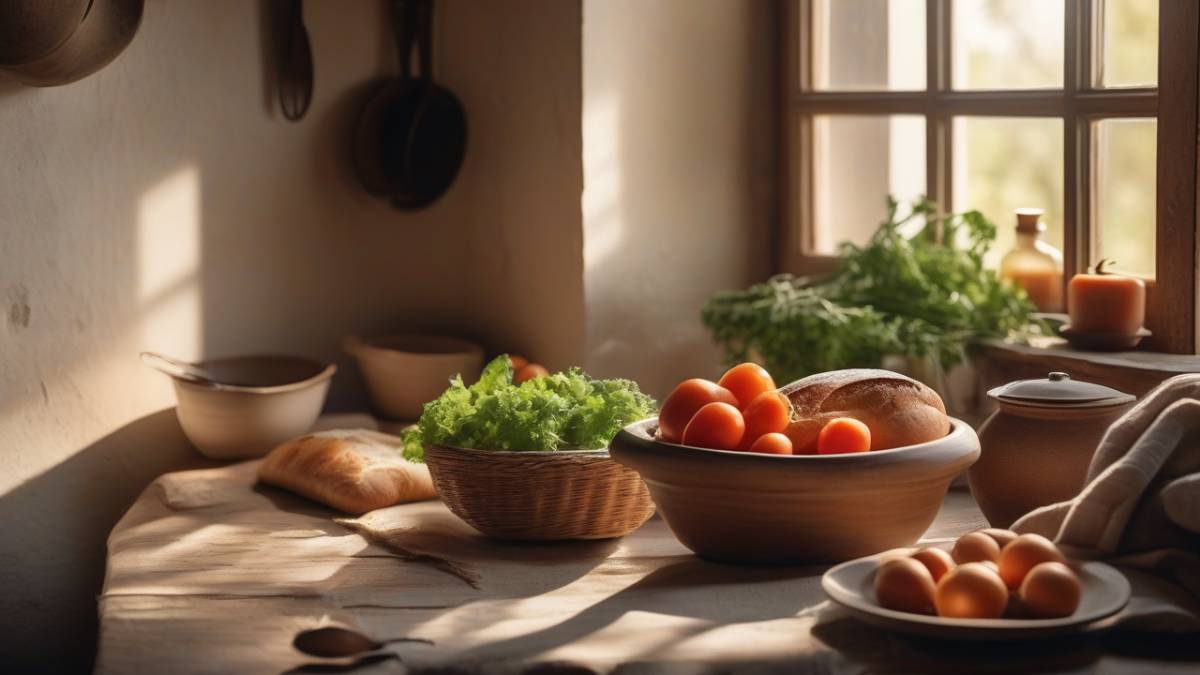 Свежие продукты и готовая домашняя еда на кухонном столе для планирования бюджетного меню