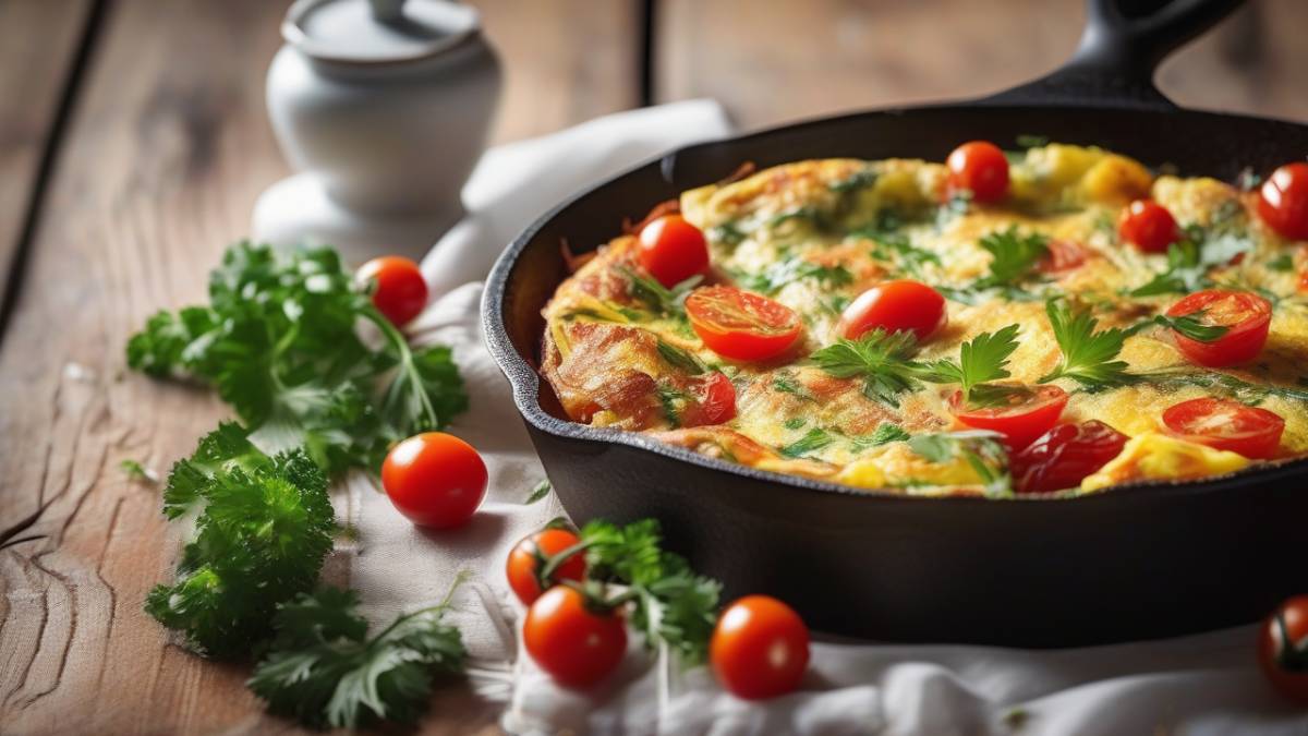 Аппетитная домашняя фриттата с овощами в чугунной сковороде как пример экономного завтрака.