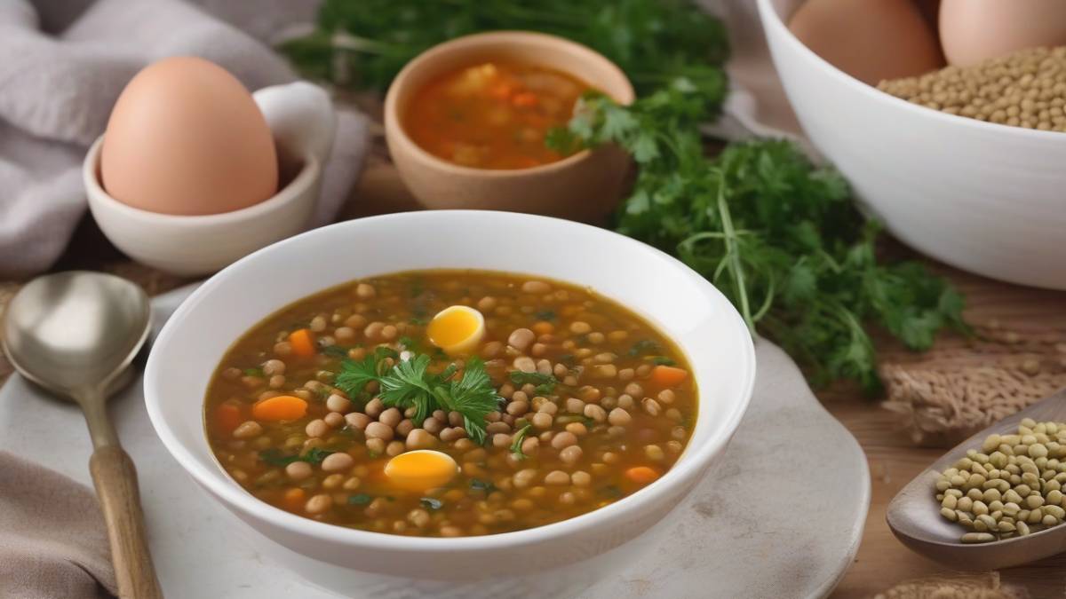 Тарелка с сытным супом из чечевицы и яйцом на деревянном столе.