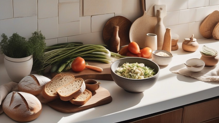 Свежие продукты и минималистичная сервировка блюд для экономного меню на день.