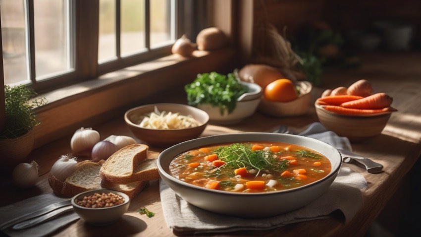 Аппетитный и экономный домашний обед из свежих сезонных продуктов на деревянном столе.