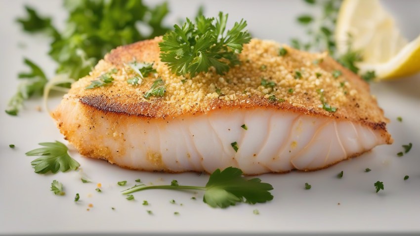 Аппетитный кусочек обжаренного минтая с золотистой корочкой и зеленью, готовый к подаче на стол.
