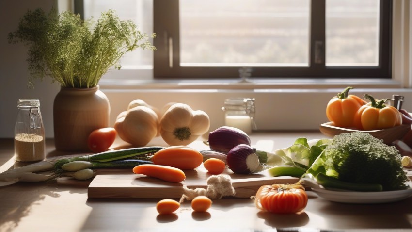 Организованное рабочее место на кухне с набором свежих продуктов для эффективной готовки.