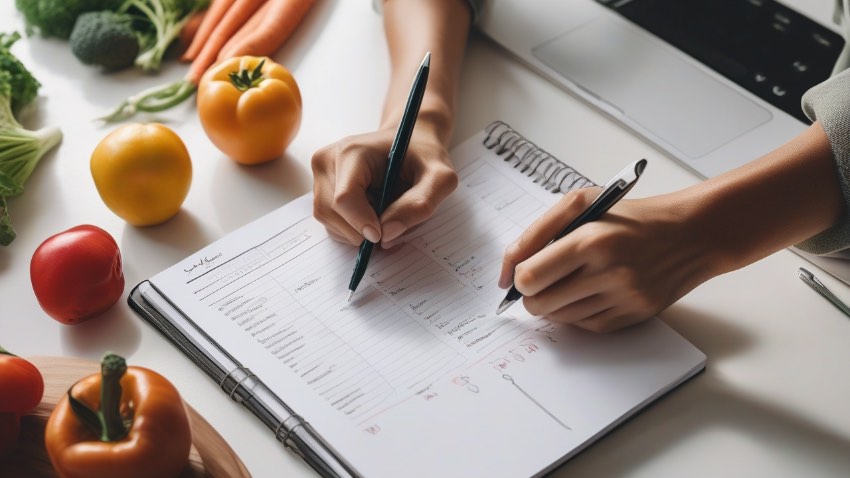Человек составляет список продуктов на неделю на бумажном блокноте на фоне свежих овощей.
