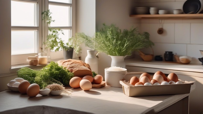 Кухонный стол с базовыми продуктами для быстрого приготовления еды