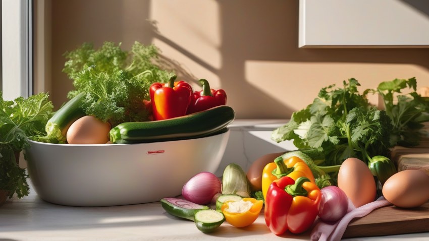 Набор свежих сезонных продуктов на кухонном столе для приготовления быстрых и экономных блюд.