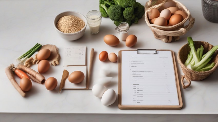 Список покупок и свежие продукты для приготовления домашней еды на 2 дня.