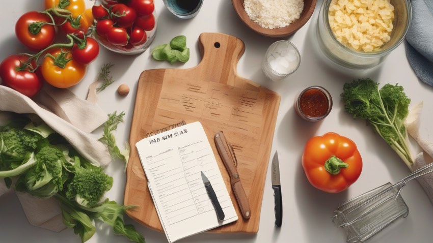 Кухонный стол с продуктами, блокнотом для планирования меню и свежими овощами при солнечном свете.