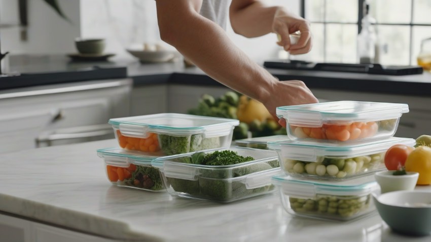Процесс подготовки еды (meal prep) в удобные контейнеры. Человек раскладывает приготовленную еду в контейнеры для хранения, процесс планирования питания.