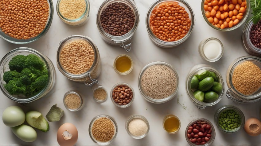Разнообразие продуктов на кухонном столе для приготовления домашних блюд