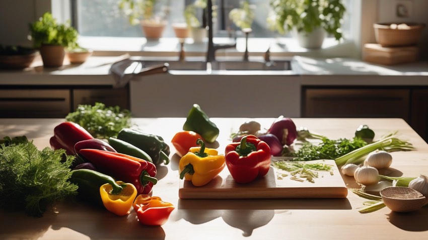 Свежие овощи и продукты на кухонном столе как основа для планирования бюджетного меню