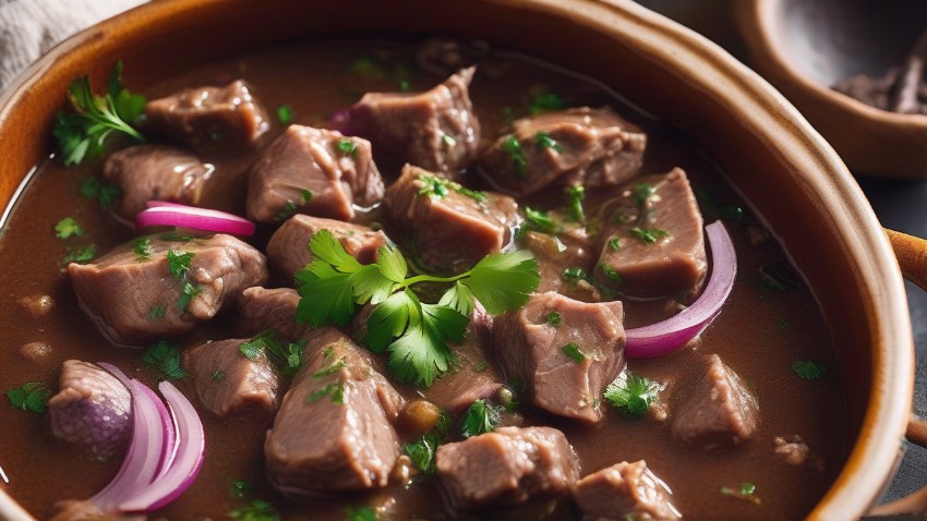 Аппетитный гуляш из куриных желудков и сердечек в глубокой тарелке