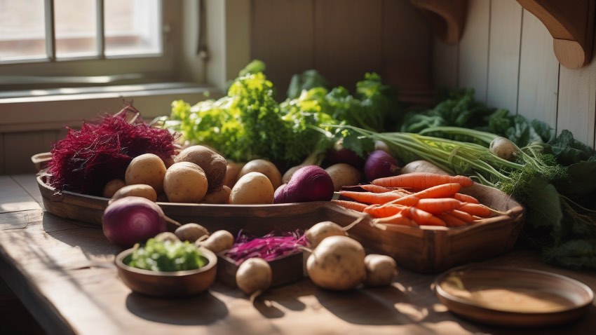 Свежие сезонные овощи на деревянном столе как символ экономии на продуктах