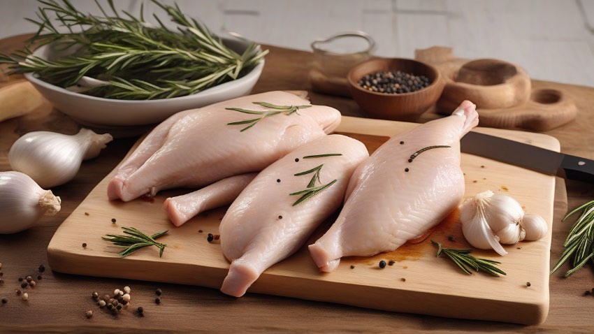 Разделанная на порционные части свежая куриная тушка для приготовления трех экономных ужинов