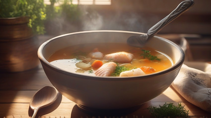 Аппетитная тарелка рыбного супа из консервированной сайры с картофелем на деревянном столе