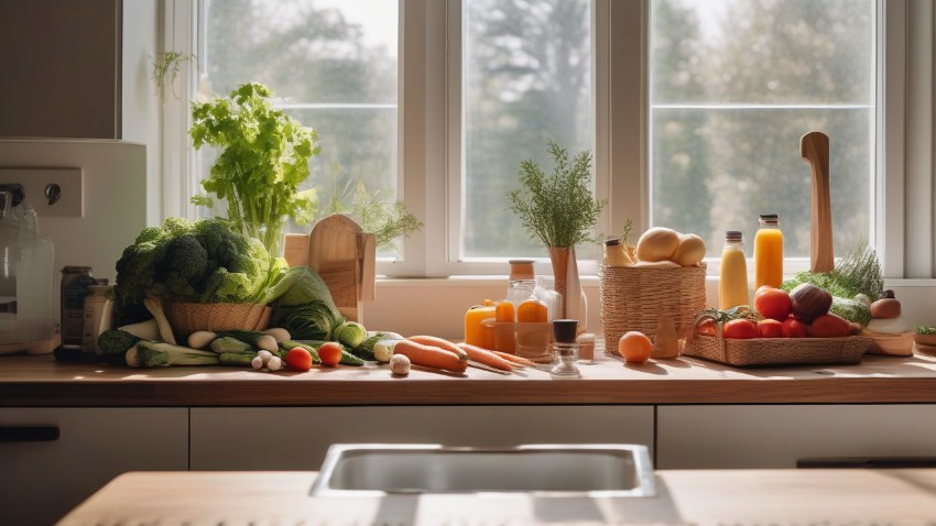 Набор свежих продуктов и контейнеры для хранения еды на кухонном столе как символ рационального планирования питания.